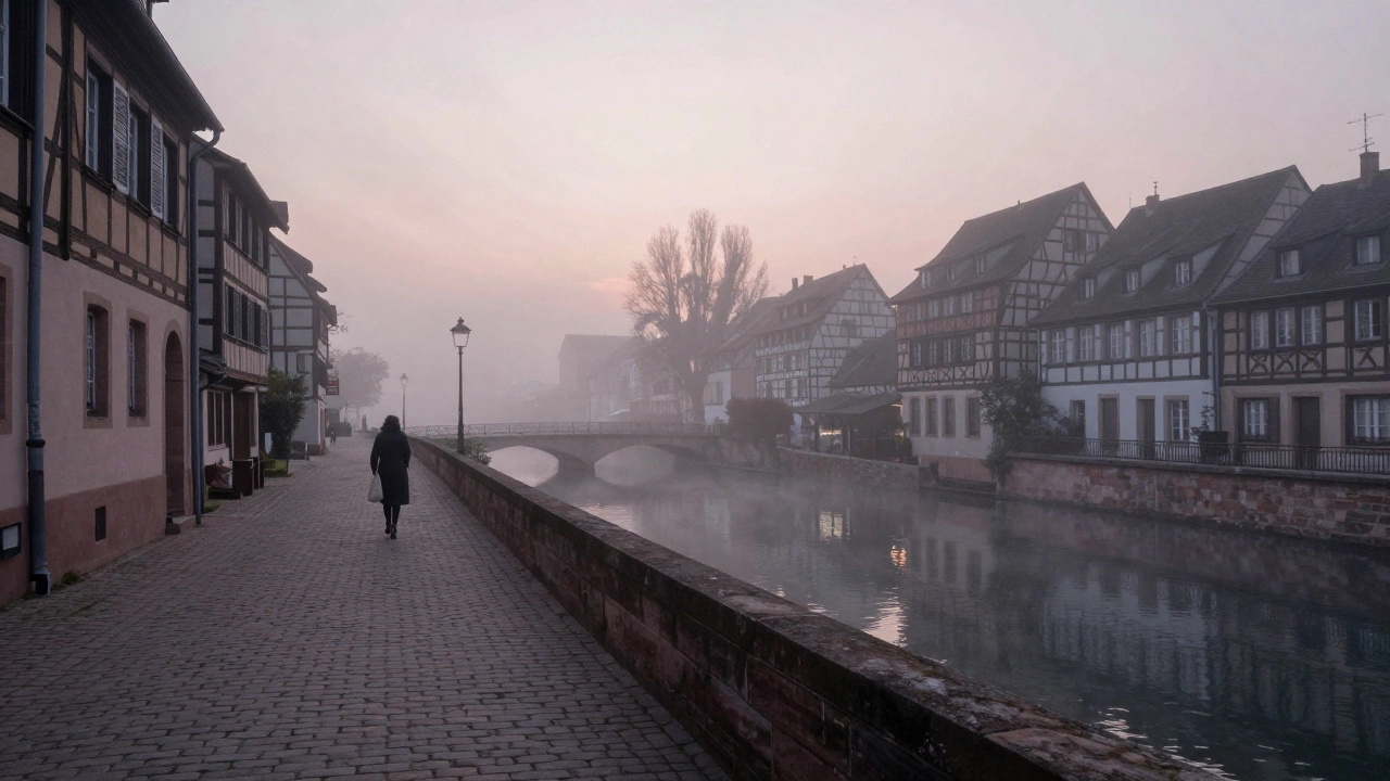 A solitary figure walks along the misty Ill River in Strasbourg at dawn, surrounded by quiet half-timbered houses.