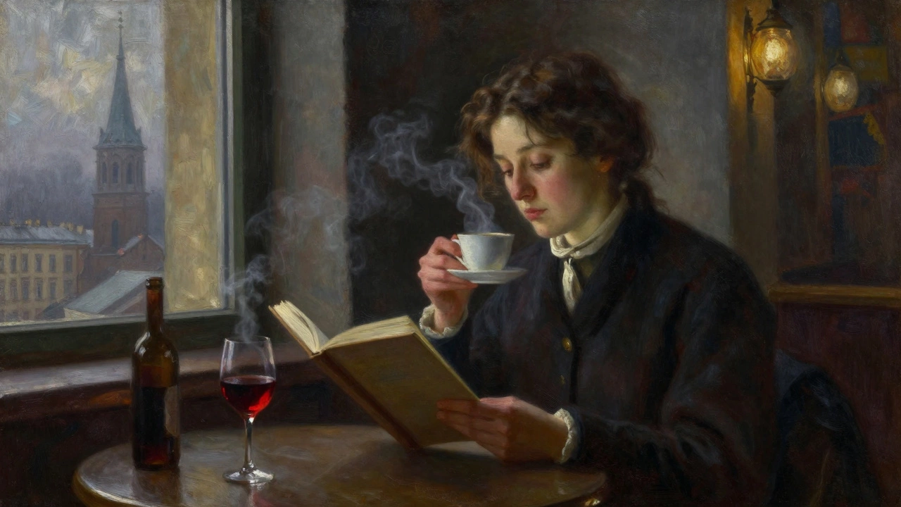 A woman reads Dostoevsky in a quiet St. Petersburg café, tea steaming beside an open book and a glass of wine.