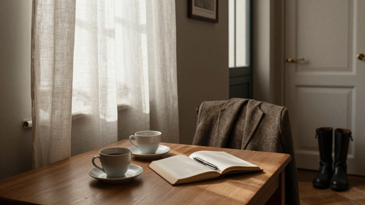 An empty, peaceful apartment in Strasbourg with coffee cups and an open book, morning light streaming through linen curtains.