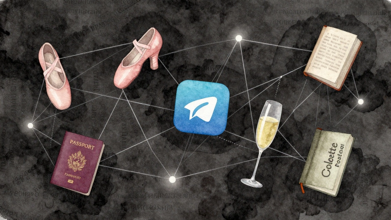 Delicate threads connect symbolic objects—ballet slipper, passport, book, champagne glass—floating in a dark, misty void.