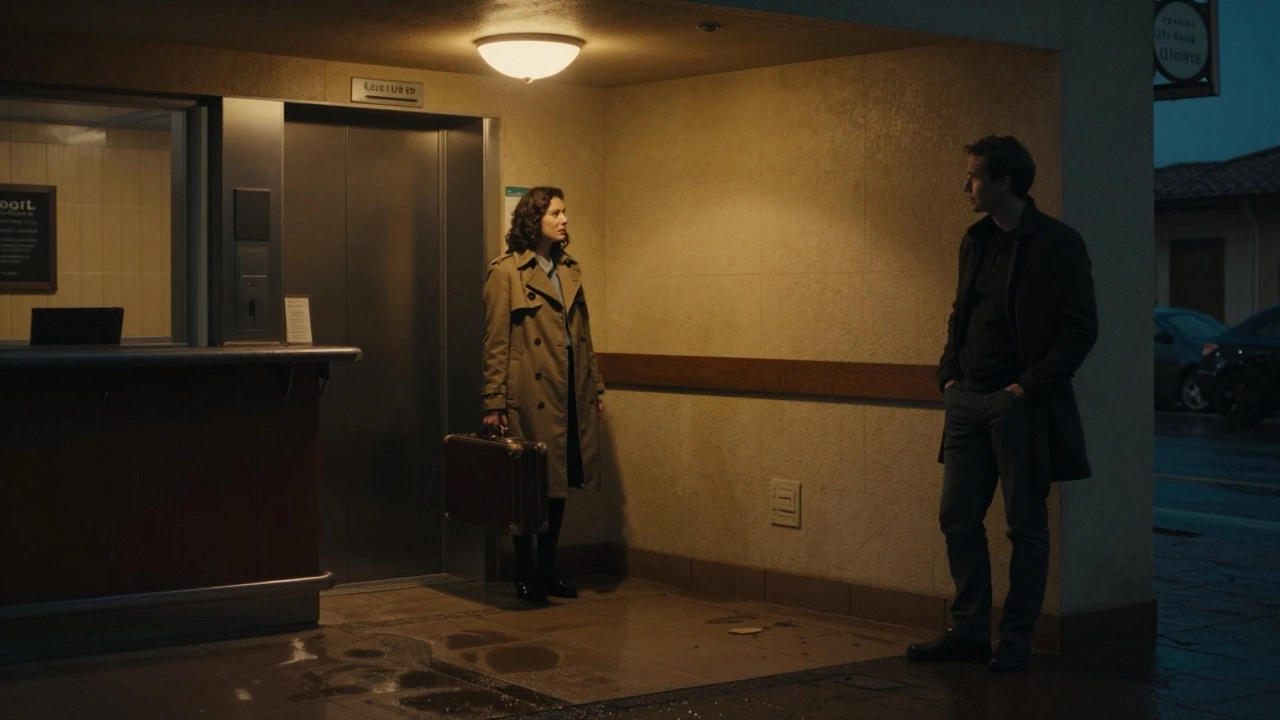 Two individuals meeting discreetly in a nondescript hotel lobby at dusk, emphasizing privacy and silence.
